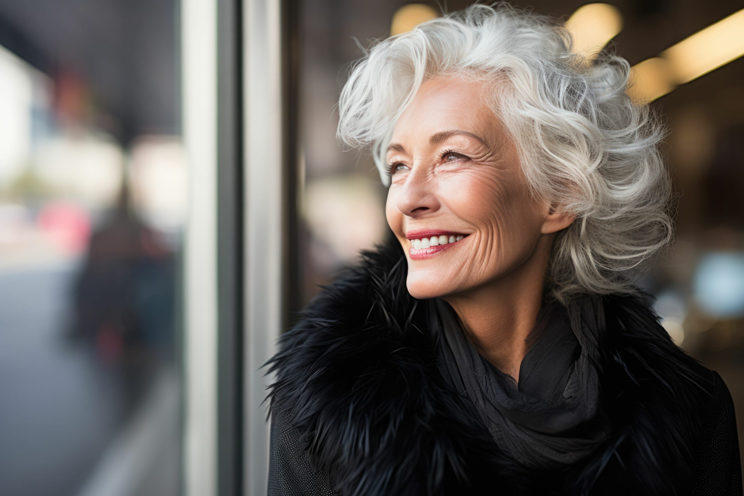 Seniorin mit grauen Haaren lächelt zufrieden.