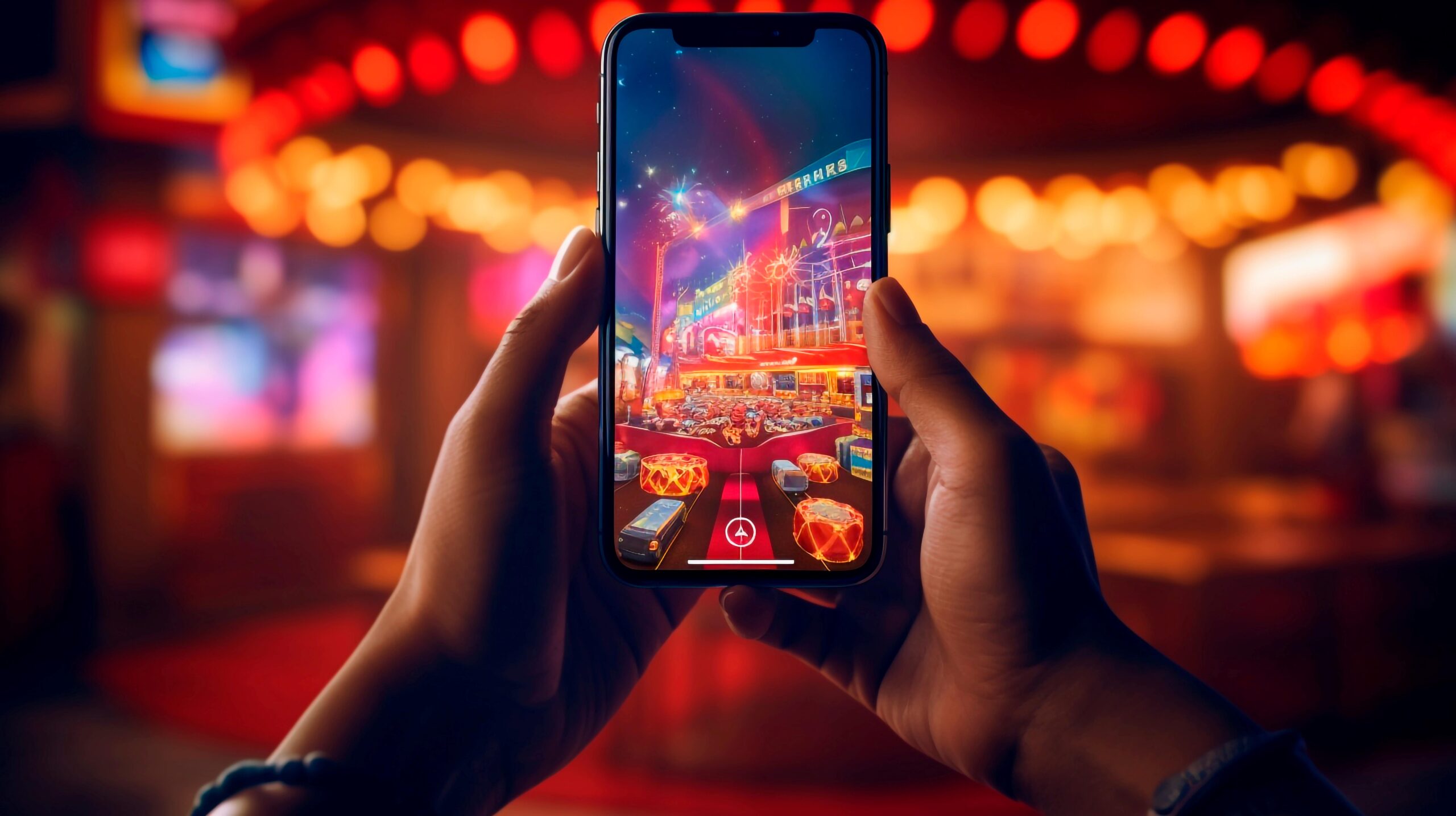 smartphone mit geöffnetem online-casino vor einem traditionellen casino hintergrund