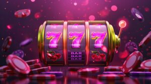 Slot-Maschine mit dreimal einer pinken Sieben und Pokerchips. 